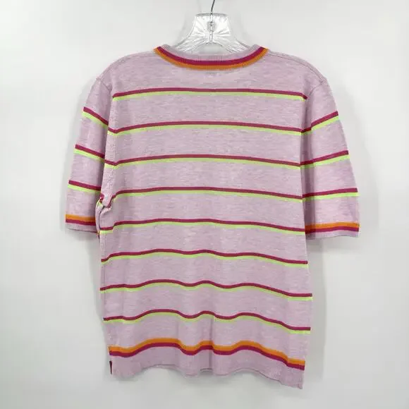 KULE Fine Knit Short Sleeve Top Lavender W/Stripes Linen Blend Size LARGE Preppy - Picture 3 of 9
